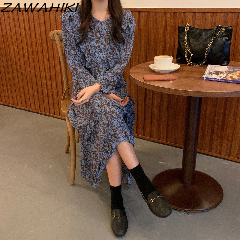 

ZAWAHIKI Korean Fashion Chic Woman Vestidos Ruffles Long Sleeve Flower Print Dress V Neck Office Lady Femme Robe Sweet Dresses