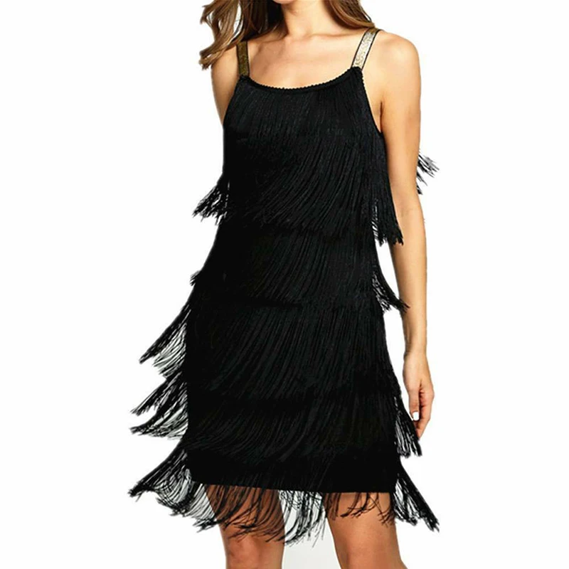 Женское винтажное мини платье без рукавов с бахромой и кисточками черно белые