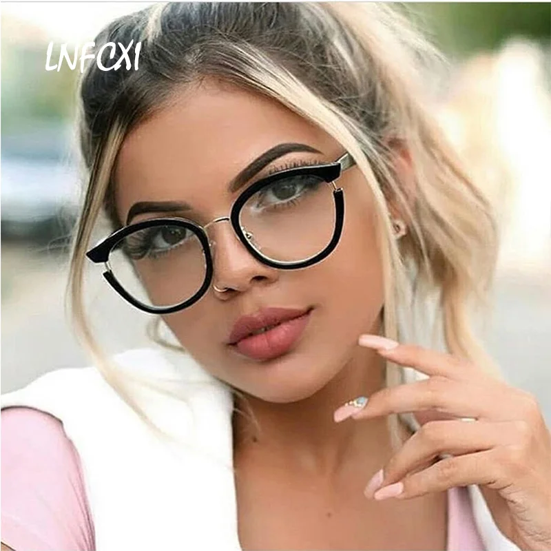 

LNFCXI Retro Cat Eye Eyeglasses Frame Women Unique Ladies Fashion Designer Transparent Clear Prescription Glasses