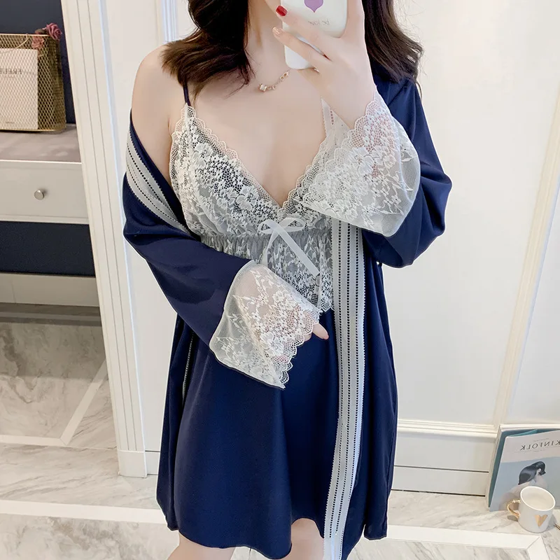 

New style pajamas women spring and autumn imitation silk sling nightdress nightgown two-piece suit Korean thin summer silk home