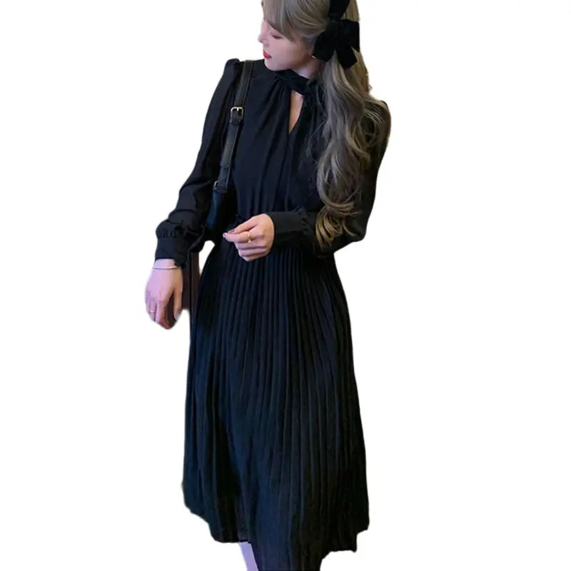 

XITAO Wrinkles Patchwork Casual Dress Pleated Women Ruffles Tide Fashion New Style Stand Collar Long Sleeve Elegant Slim ZY4874