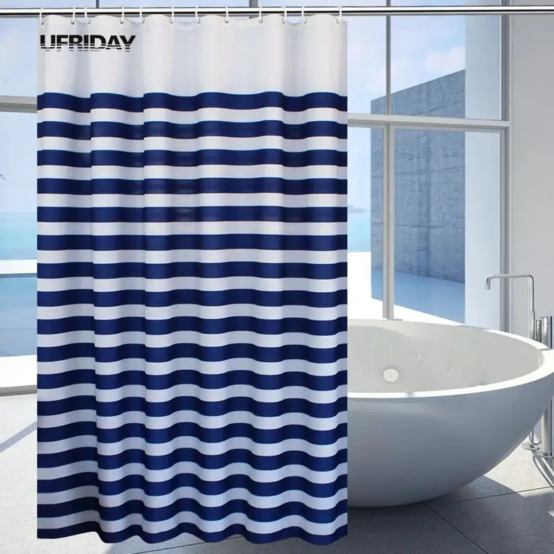 

UFRIDAY Plastic Shower Curtain Nautical Stripes Waterproof Bathroom Curtain Navy Blue Stripes Ocean Waves Bath Curtain with Hook