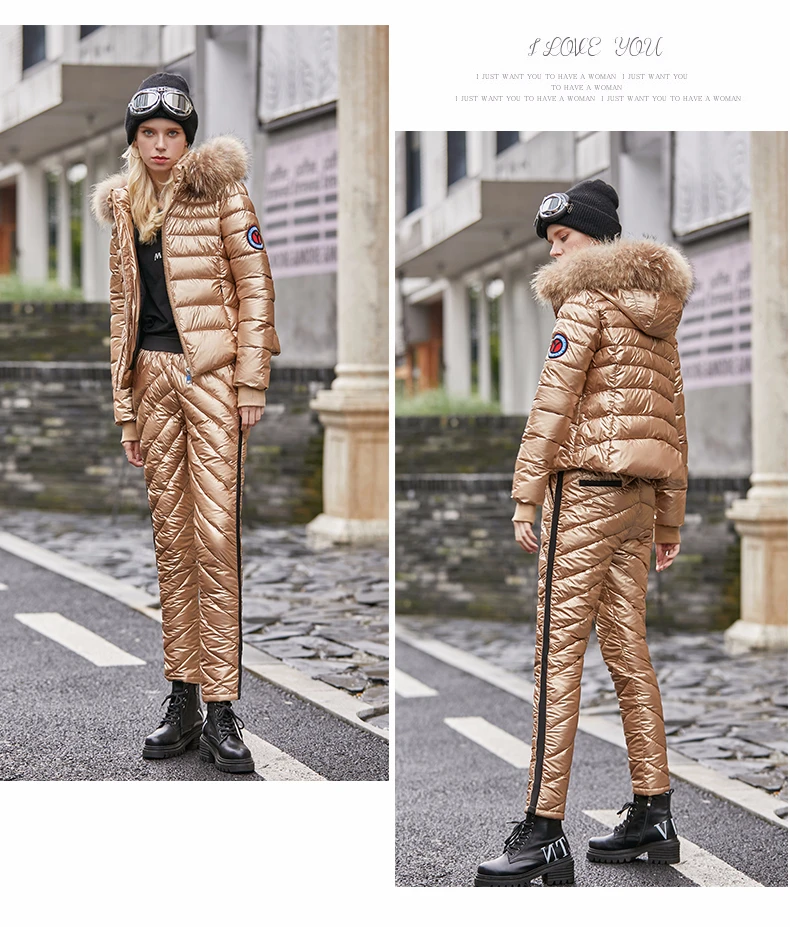 

Winter Tracksuit Women's park Fur Collar Hooded female jacket+Pant Suit Causal Warm Thick Down Cotton 2 Piece Set chaqueta mujer