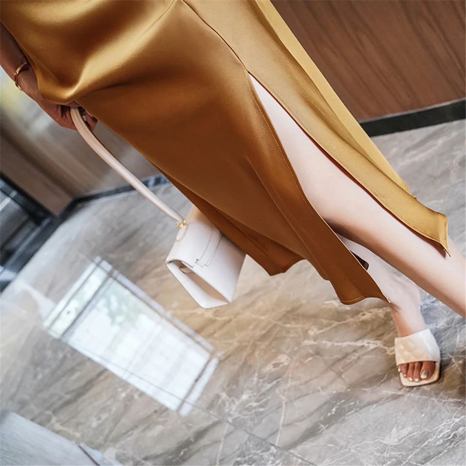 

Summer Elegant Satin Silk Skirt Office Lady High Waist Slim Mid Skirts Women Fashion Single-Breasted Split All Match Skirt