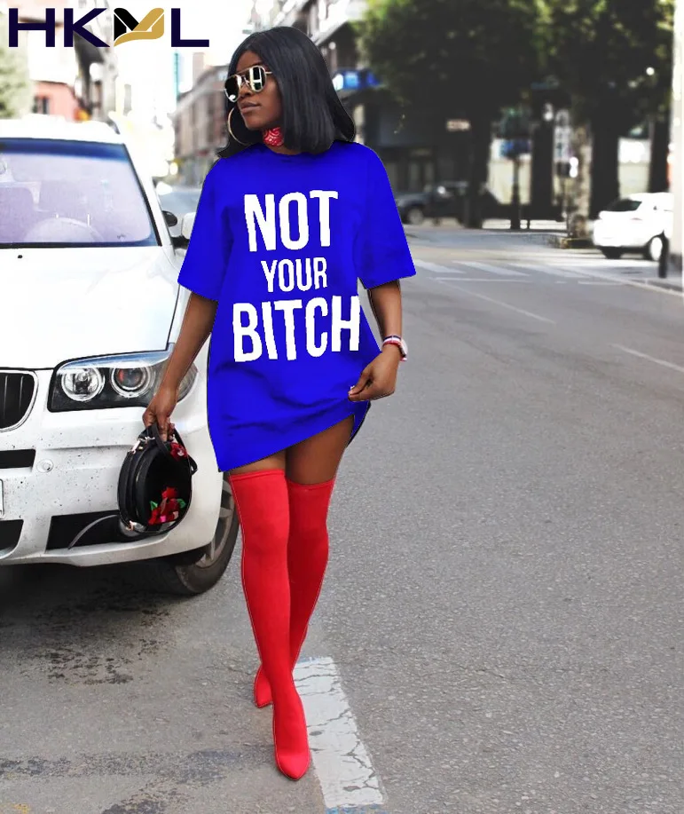 

2021 Women 4 Colors Round Neck Solid Color Letter Printing Long Loose Short Sleeve English Alphabet Dress