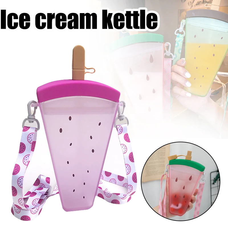 

Hot 320ml Plastic Water Bottles 4 Colors Cute Watermelon Ice Cream Water Bottle With Straw Anti-Fall Portable Popsicle