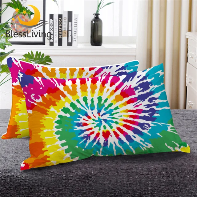 BlessLiving Rainbow Tie Dye Down Alternative Bed Pillow Colorful Bedding Watercolor Heart Printed Sleeping Pillows 50x75cm 1PC 1