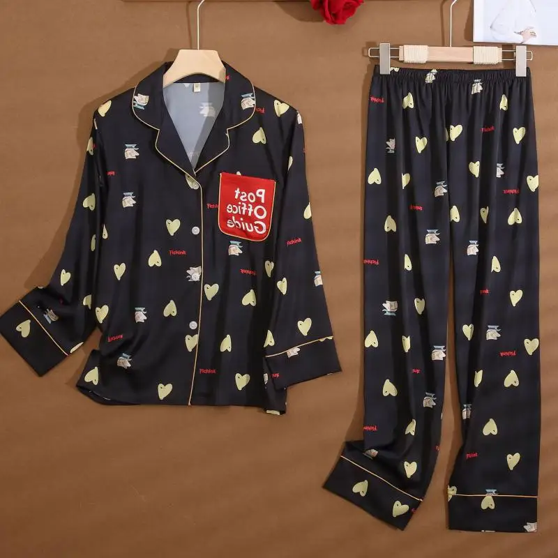 

Women Pajamas Set Sleepwear Print Sweet Heart Pijamas Pyjama Pour Femme Spring Autumn Pijamas Suit Loose Silk Satin Home Clothes