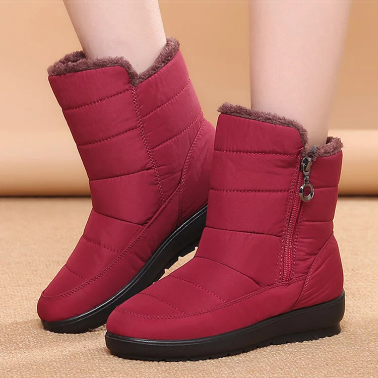Женские ботинки; теплые женские зимние ботинки на низком каблуке; Botas Mujer; большие размеры; Зимние ботильоны; Женская водонепроницаемая зимняя обувь - Цвет: Красный
