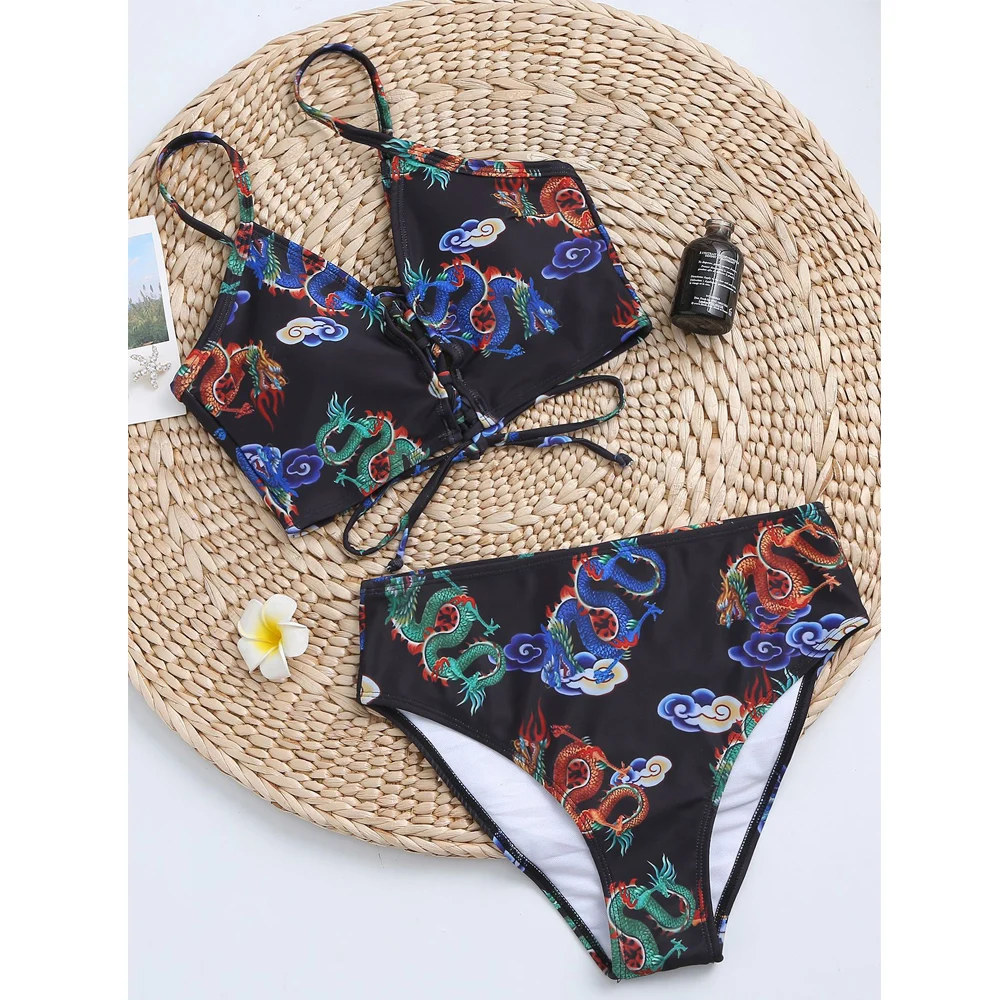 Vigorshely Dragon Print Strapped Swimwear Women Sexy High Waist Bikini Set 2022 Push Up Cross Tied Swimsuit Summer Bathing Suit |