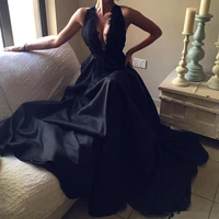 charming black a line prom dresses deep v neck appliques bead party dress sexy backless sweep train lace evening gowns 2020