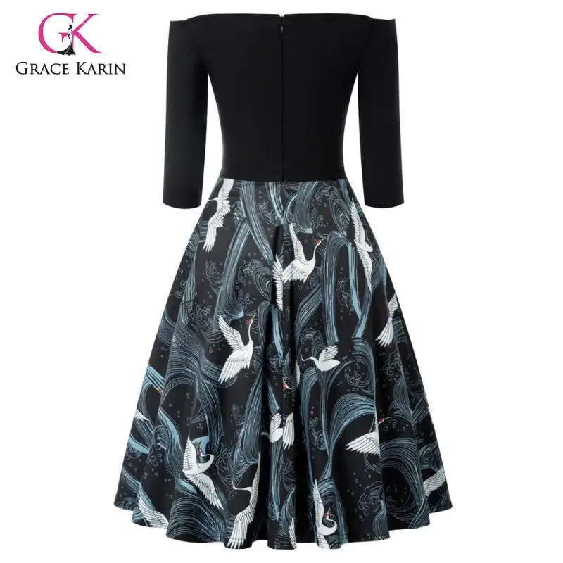 Grace Karin Women's 3/4 Sleeve Off Shoulder Dress Print V-Neck Flared A-Line Dresses Patchwork Pleated Midi Cocktail Party | Женская