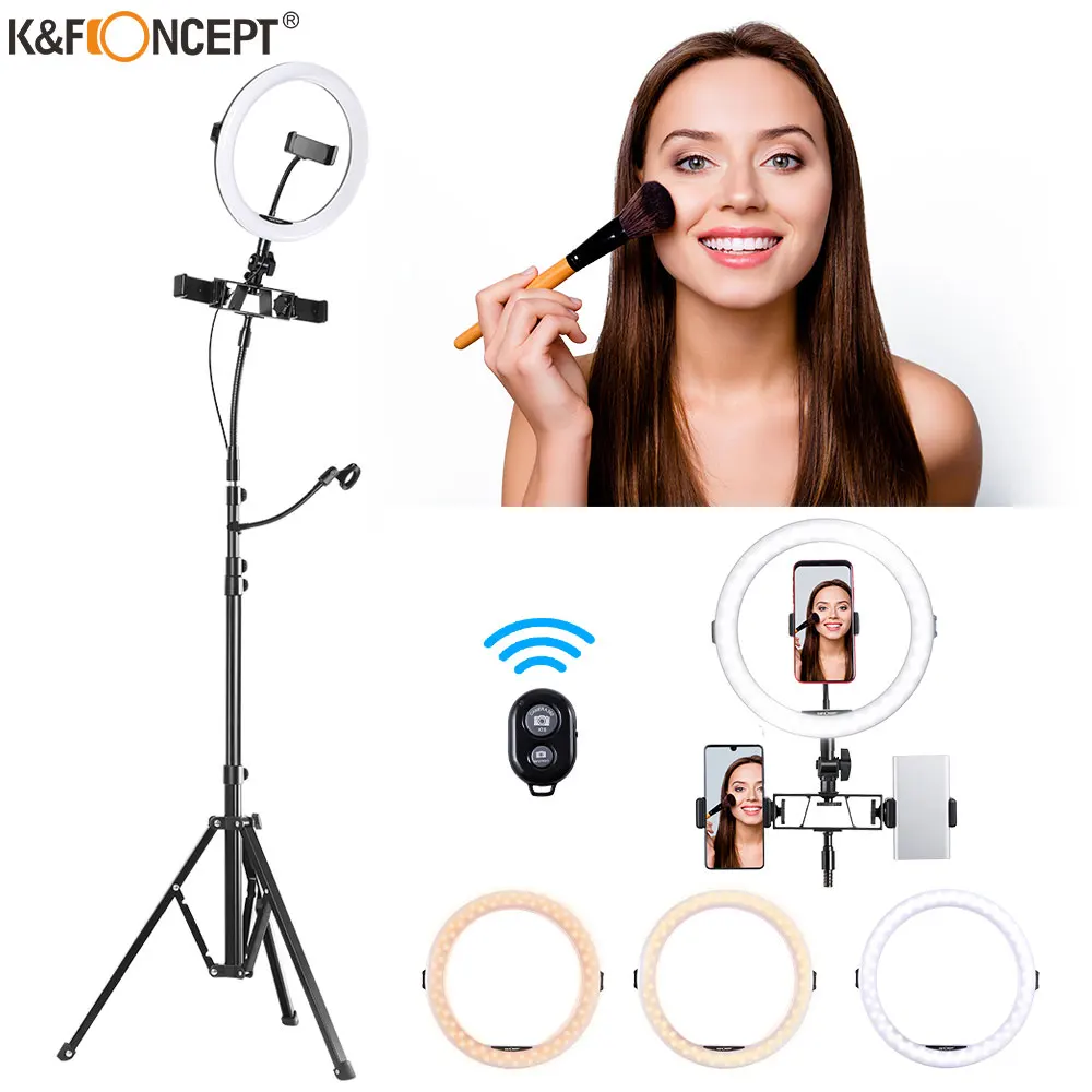 

K&F Concept 10 inch Ring Light 3 Light Mode with Maximum 95” Tripod Stand 3 Phone Holders and Remote Control for Photography