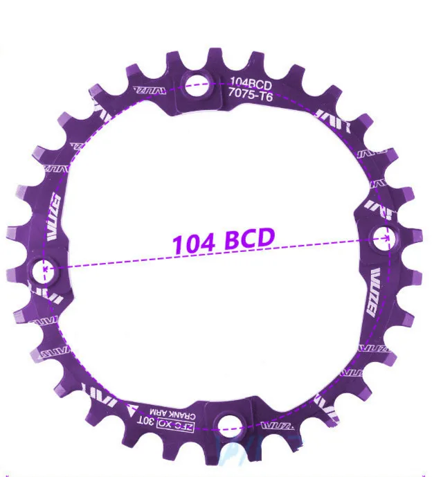 Purple Велосипедная Звездочка Crank 30T 104BCD 30t велосипедная круглая узкая широкая 7075-t6 MTB велосипедная Звездочка круг шатунная пластина звездочка - Цвет: Purple