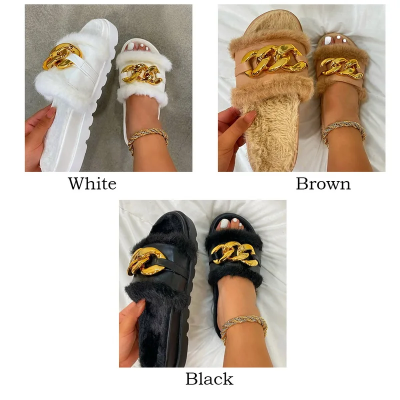 

2021 Furry Fur Women Slippers Fluffy Flip Flops Summer Sandals Women Gold Chain Plush Slides Beach Home Flat Female Warm Shoes