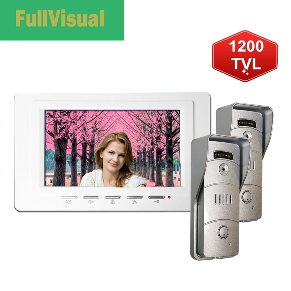 Fullvisual 7 Inch Video Door Phone Intercom System with 2 Cameras Wired Doorbelll Button Metal Waterproof  Front Back Door Villa