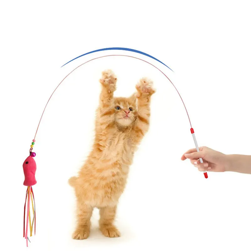 Elastic Metal Boom Tease Cat Stick Funny Toy + 3 Pcs Replaceable Plush Fake Fishes Playing With Your Kitten Pets Make Fun | Дом и сад