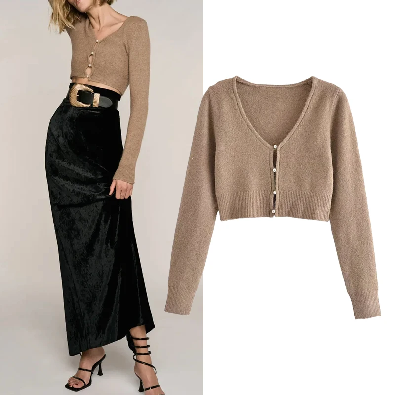 Женский укороченный свитер-кардиган Za Women на зиму 2022 года с вырезами на рукавах и длинными рукавами. Женская одежда - кардиганы.