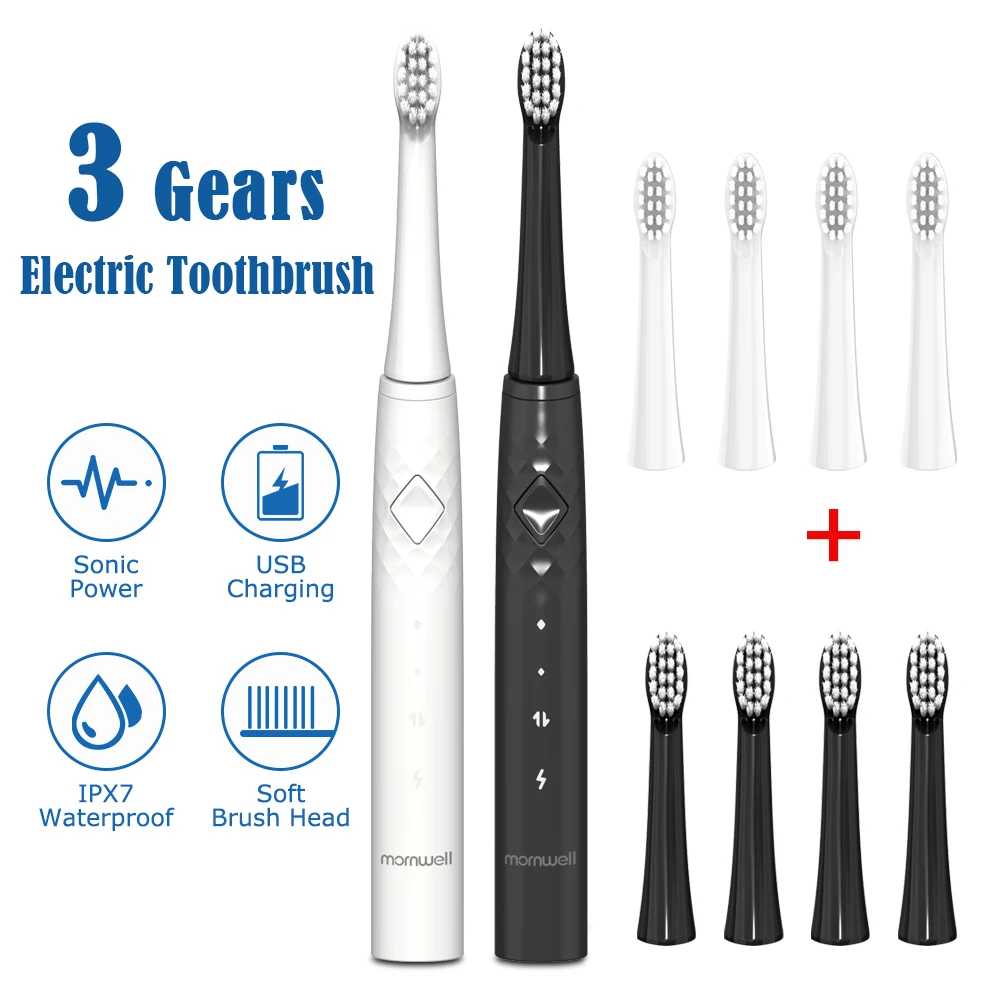 

Mornwell Sonic Electric Toothbrush 360 Upgraded Base Waterproof With 4 Replacement Brush Heads USB Rechargeable