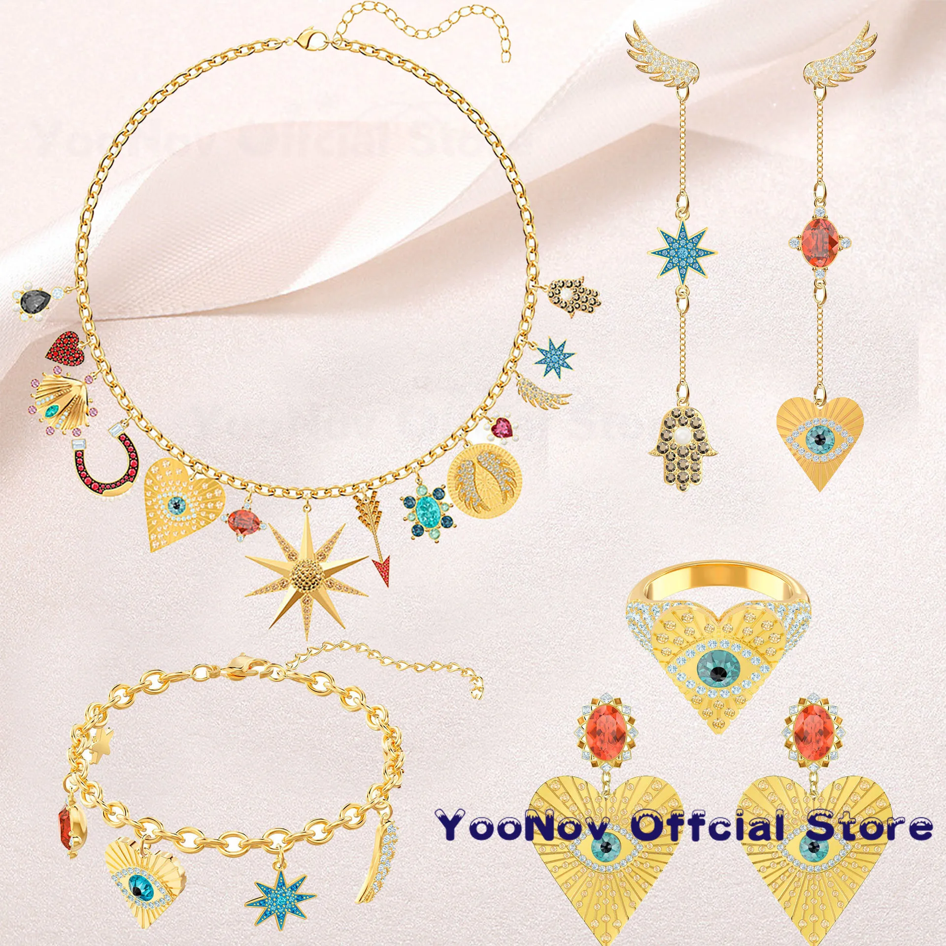 

2020 SWA 1:1 Fashion Jewelry Luck Goddess Star Gold Tone Charm Necklace Horseshoe Cupid Arrow Demon Eye Crystal For Women