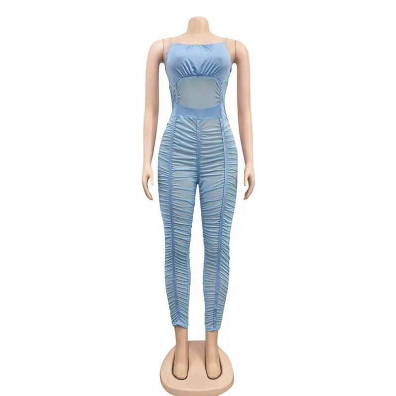 

Ruched Pleated Mesh See Through Slash Neck Sleeveless Umpsuit High Waist Perspective Sexy Nightclub Jumpsuit Women