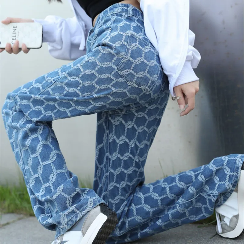 Женские джинсы с завышенной талией голубые жаккардовые свободные брюки принтом