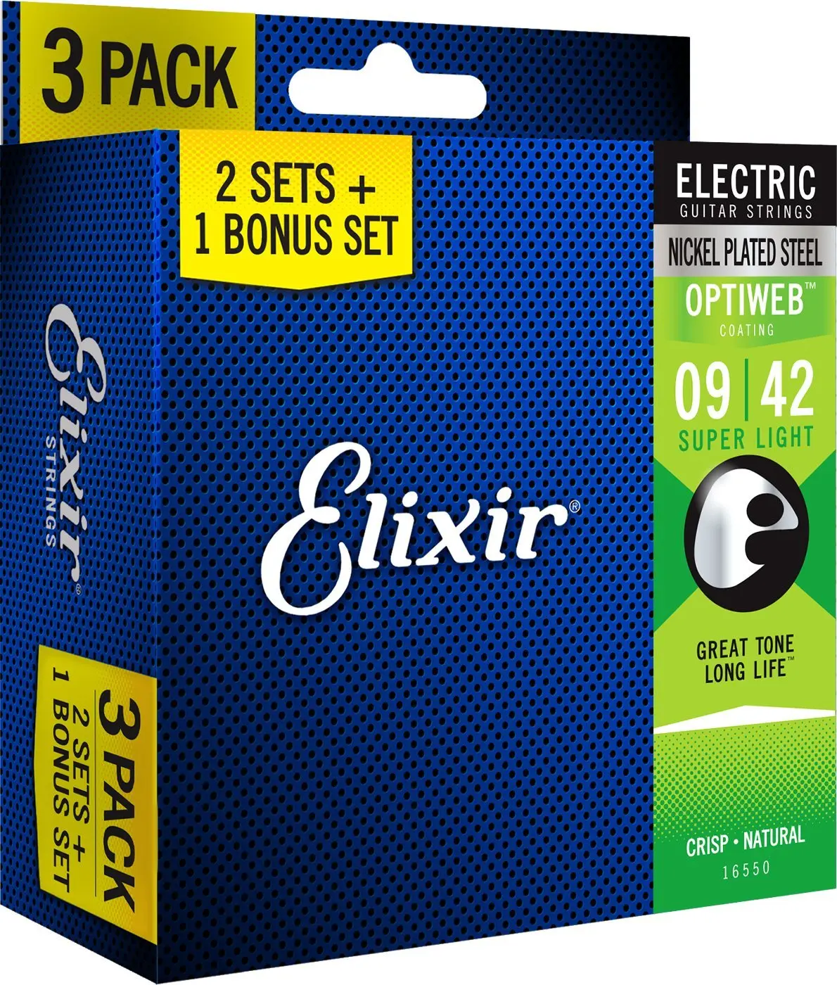 Струны Elixir 16550(3 шт. в упаковке 19002) Струны для электрогитары с покрытием OPTIWEB, супер светильник(. 009-.042