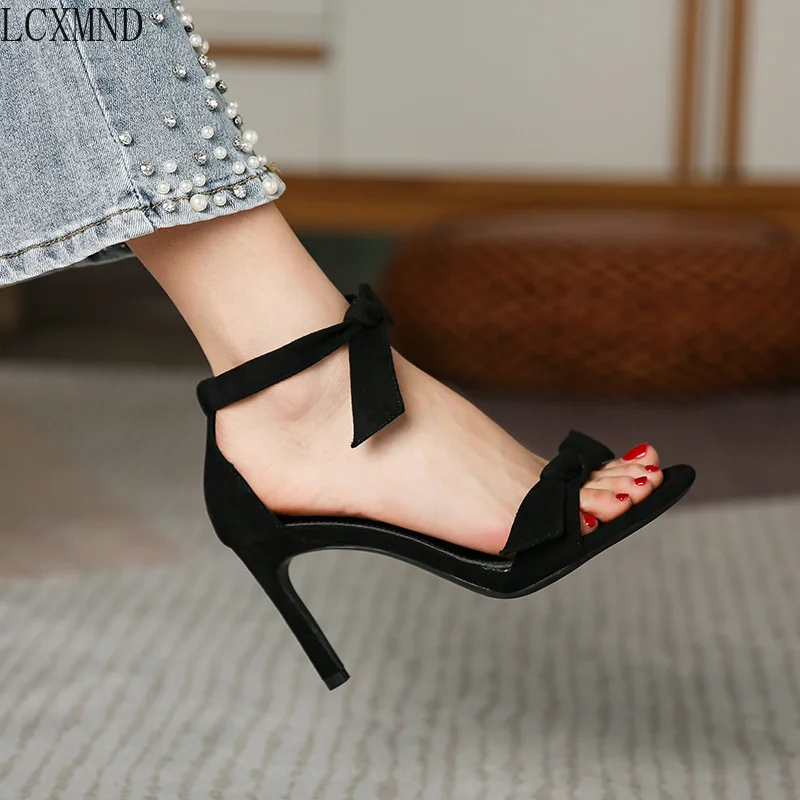 High Quality Sandals Women 2021 New Strappy Black High Heel Sandals Sexy Stitch Heels Noble and Elegant Large Size 4
