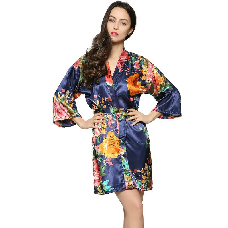 Women Silk Satin Floral Robe Bridesmaid Bride Robes Wedding Bridal Mother Sister Gown Bathrobe Dress Sleepwear Plus Size Belt