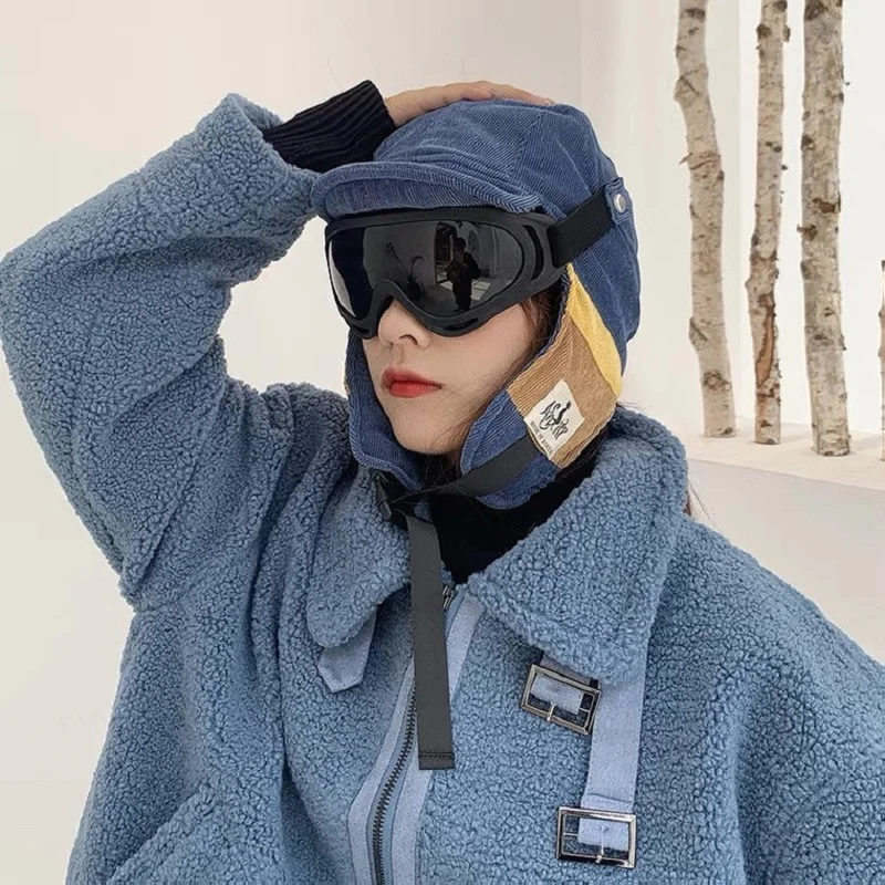 

Male and female corduroy warm windproof glasses with removable flying cap 2021 autumn and winter