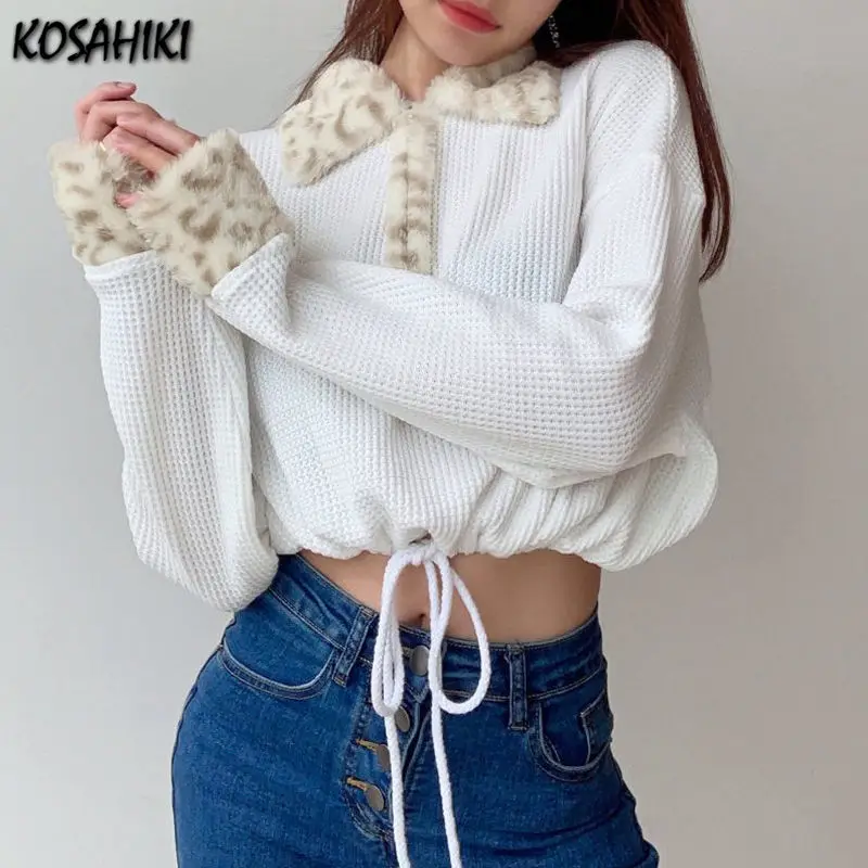 

KOSAHIKI Women Turn Down Collar Faux Fur Shaggy Collar Patchwork Hoodies Cropped Top Pullovers Streetwear Casual Sweatshirt