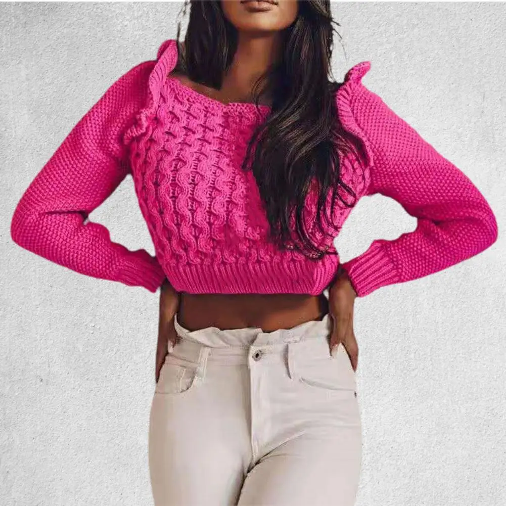 

Women Sweater Long Sleeve Casual Ruffle Lace Up Warm Knitted Sweater Chic Knitted Jumper Short Top Autumn Winter