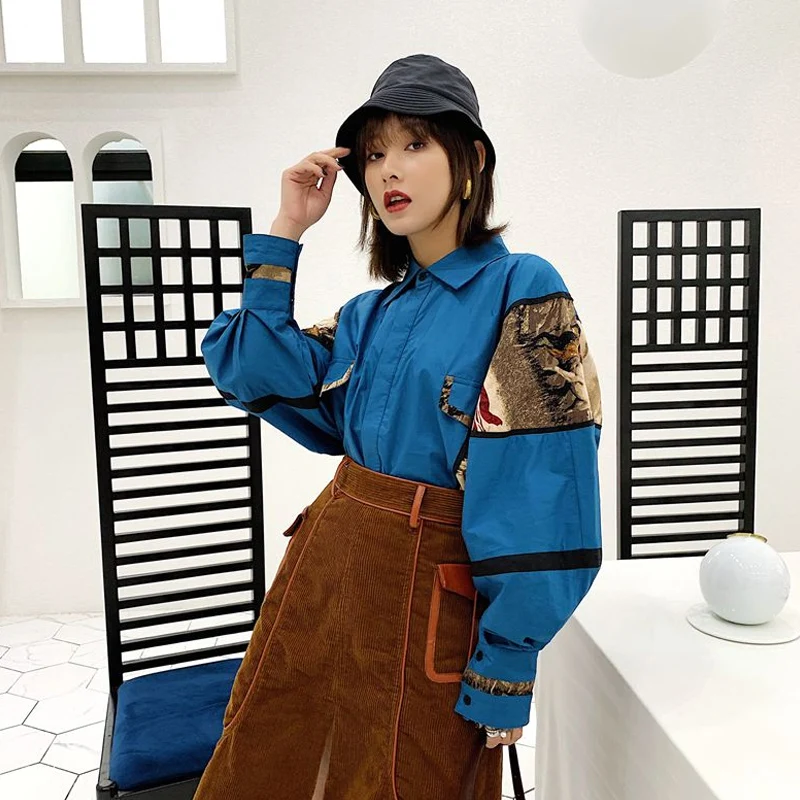 

Women Pattern Print Blue Big Size Blouse New Lapel Lantern Sleeve Loose Fit Shirt Fashion Tide Spring Autumn 2020