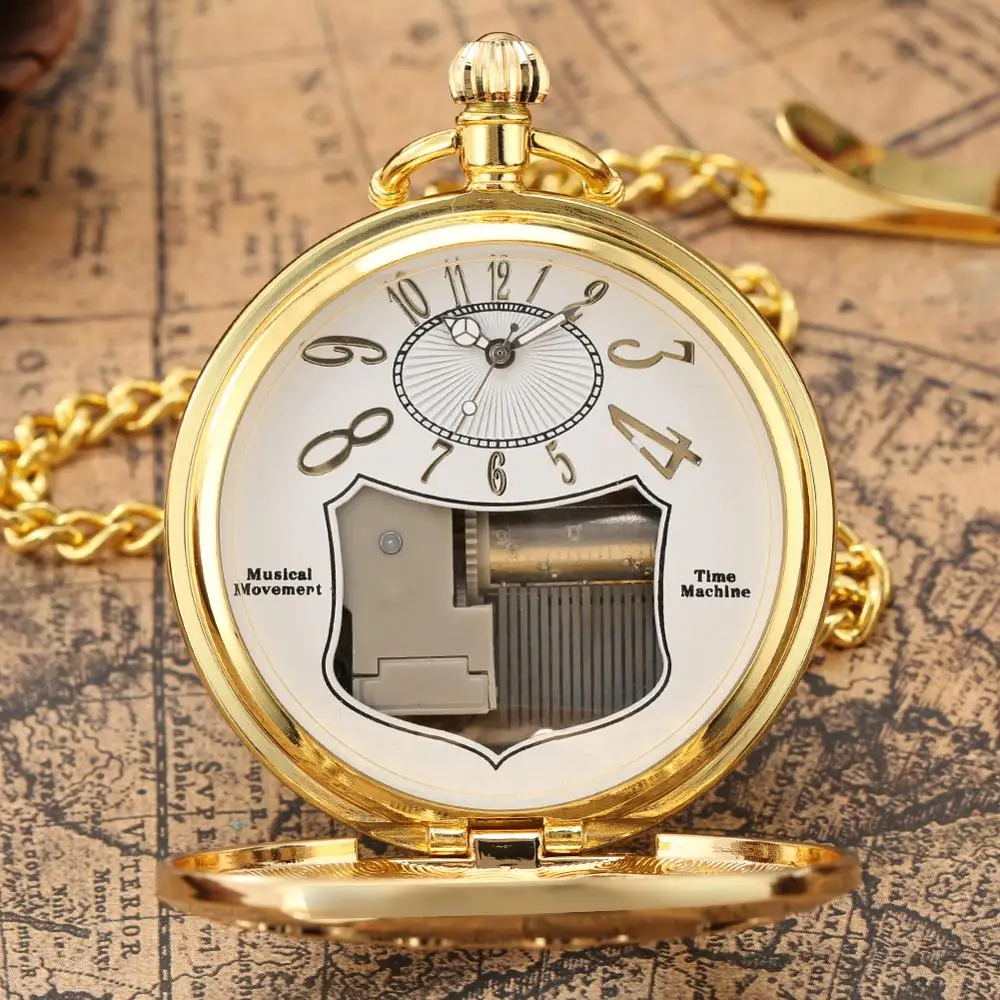 

Hollow Steampunk Train Design Gold Musical Movement Pocket Watch Hand Crank Playing Music Locomotive Engine Quartz Pocket Watch