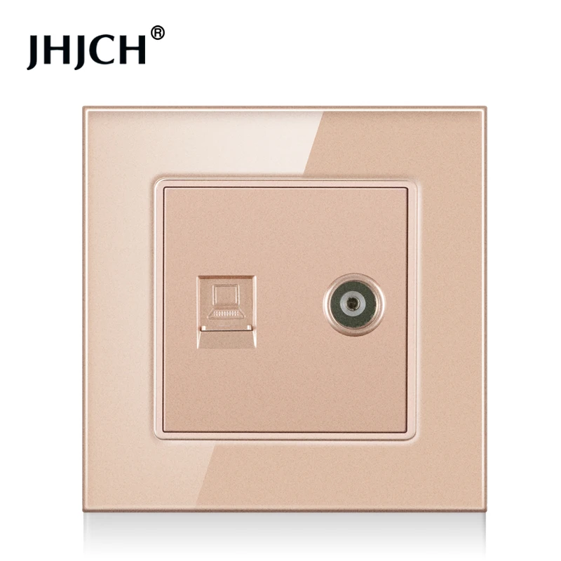 jhjch crystal glass panel wall socket with cat6 rj45 internet computer data socket tv tel weak current socket free global shipping