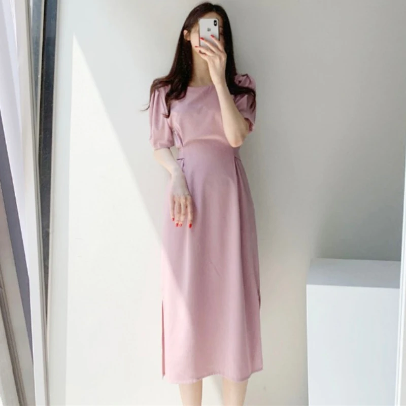 

Summer Solid O-Neck Short Sleeve Office Lady Casual Dress Split Women Pink Chic Korean Style Business Vestido Female