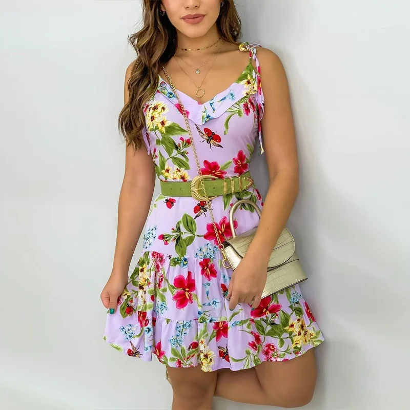 

Women Dress Striped Floral Print Spaghetti Strap Ruffles Casual Elegant Dress