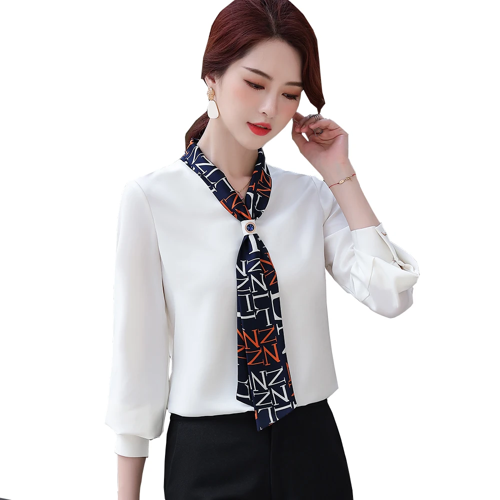 

2021 Fashion Ladies Tie Collar Silk Blouses Women Latest White Yellow Wine Elegant Formal Shirt Tops S-5XL