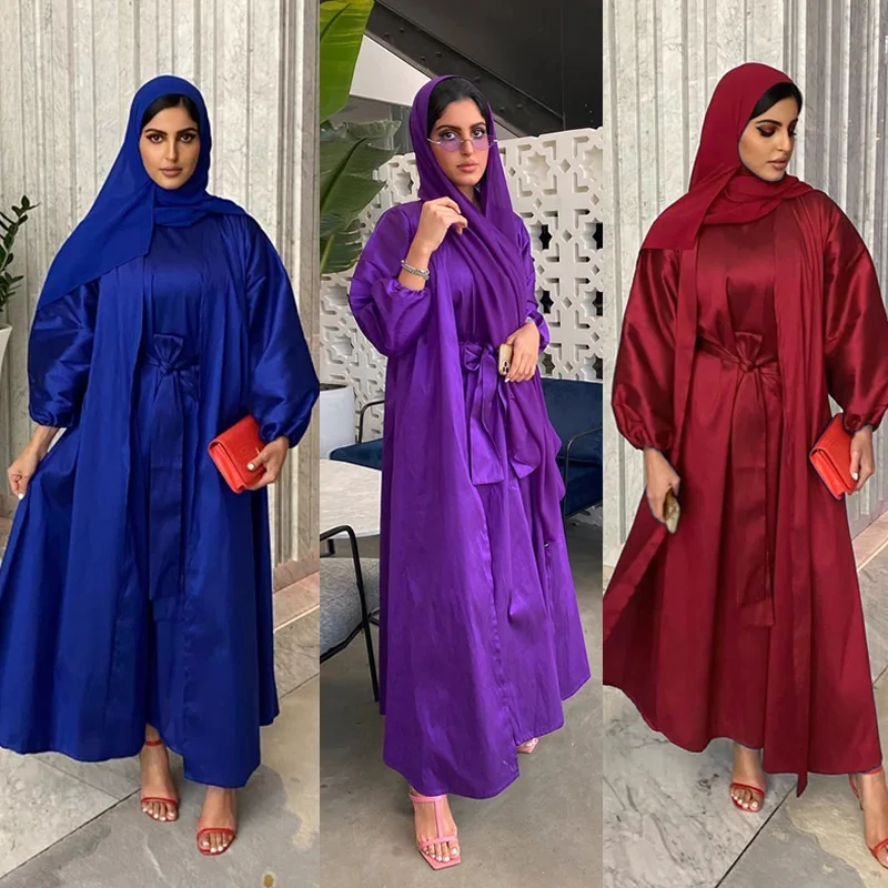 

Ramadan Eid Muslim 2pcs Sets Abaya Hijab Arab Maxi Dress Islamic Silk African Dashiki Jalabiya Long Robe Gowns Longue Musulmane