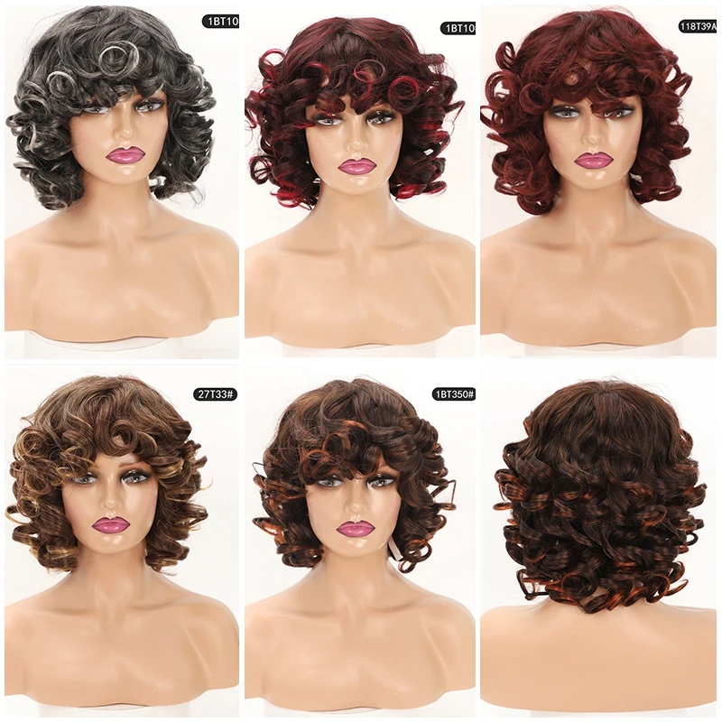 14inch Short Kinky Curly Bob Women's Wig Ombre Brown Deep Female African American Synthetic Afro Curls Cosplay Red | Шиньоны и