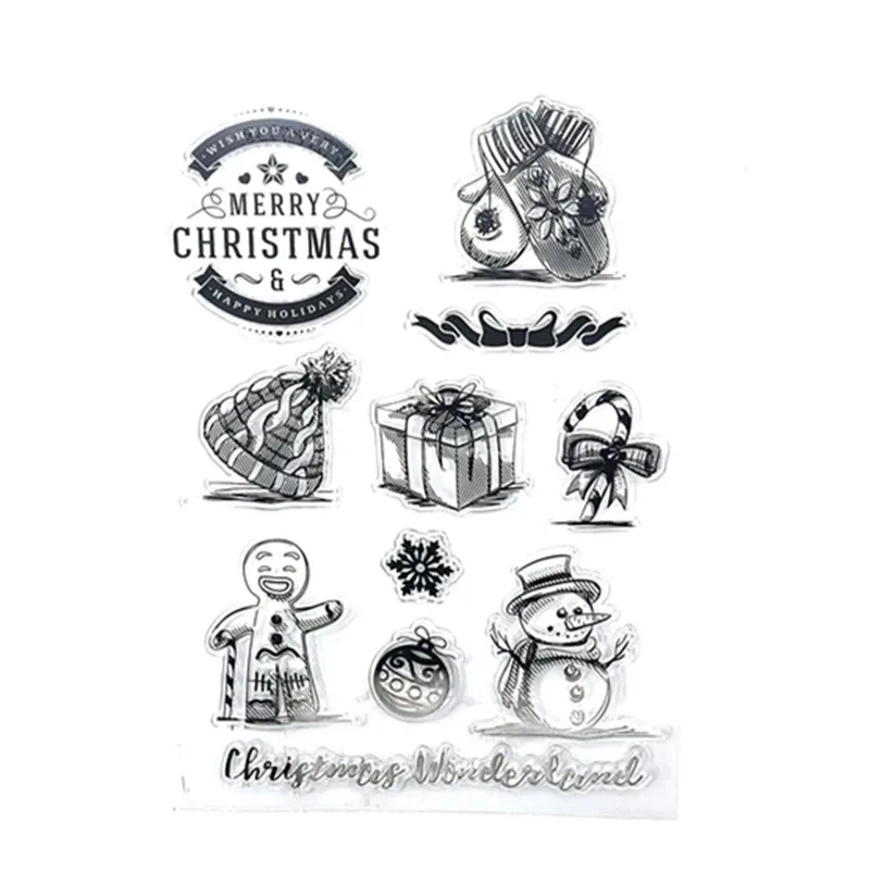

Merry Christmas Decor Clear Stamp Snowman Box Gifts Greeting Letters Scrapbooking Paper DIY Kid Fun Card Painting Stencil Molds