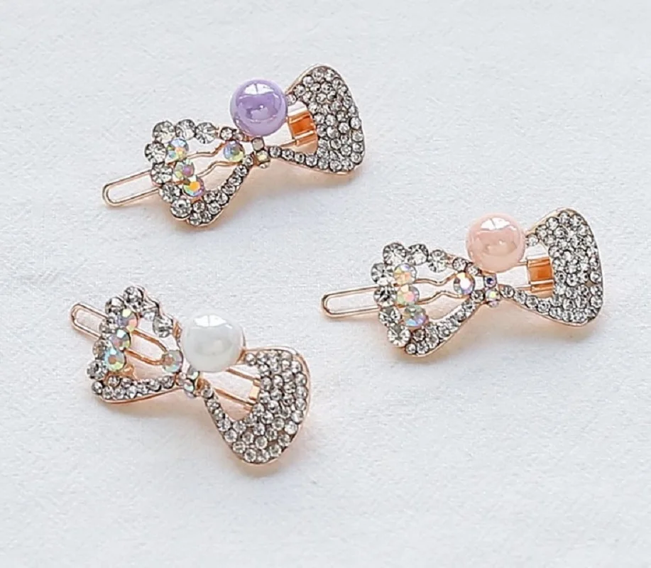 

New fashion Korean version of the Crystal rhinestone hairpin bow knot diamond hairpin Women alloy pearl frog buckle bow hairpin