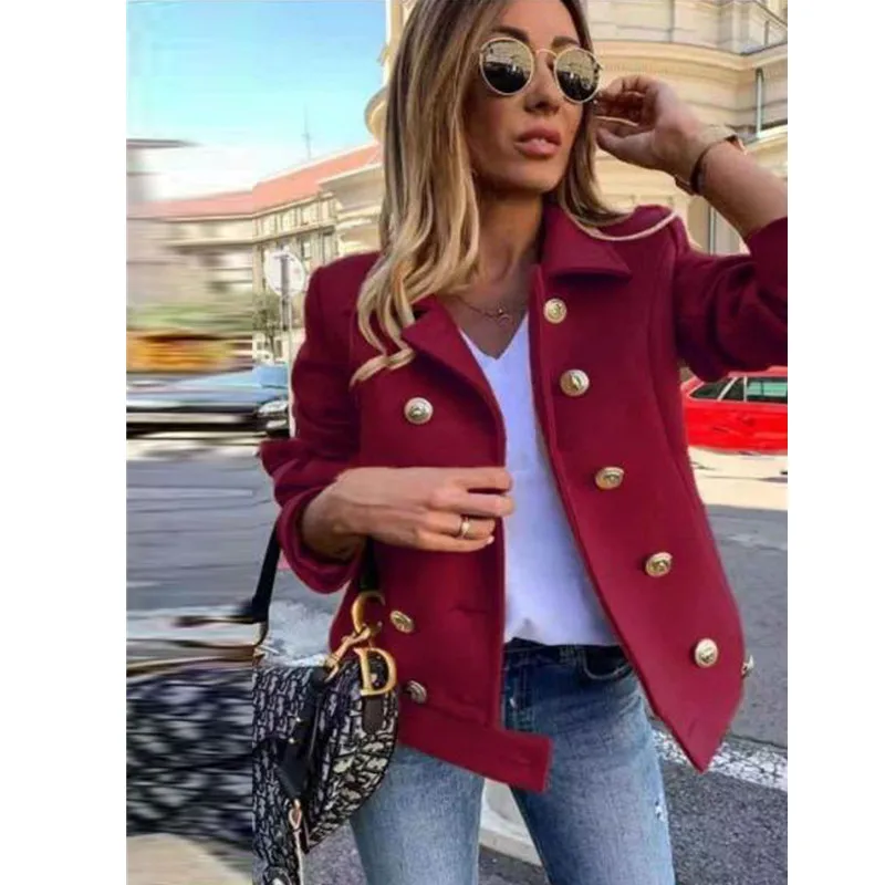 

Осенне-зимние женские короткие шерстяные пальто, куртки с длинным рукавом, зимние двубортные однотонные серые 2021 Свободные повседневные офисные короткие пальто