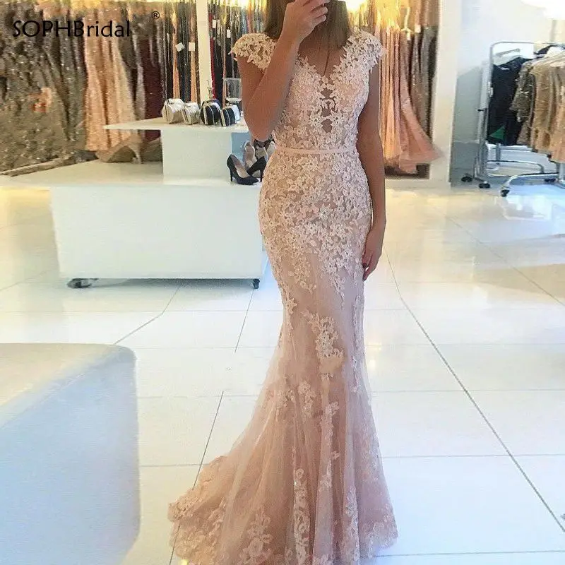 

New Arrival Sexy V-Neck Mermaid Prom Dresses Champagne Applique Robe de Soire de Mariage Formal Evening Party Gown