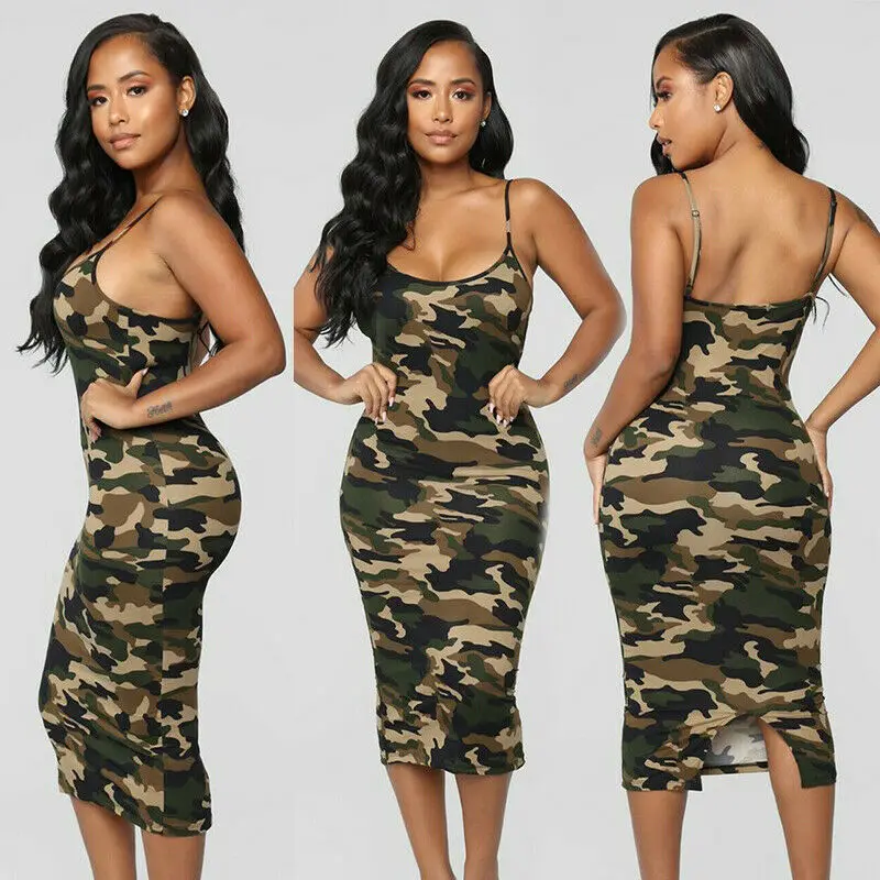 Женское повседневное облегающее платье без рукавов камуфляжное