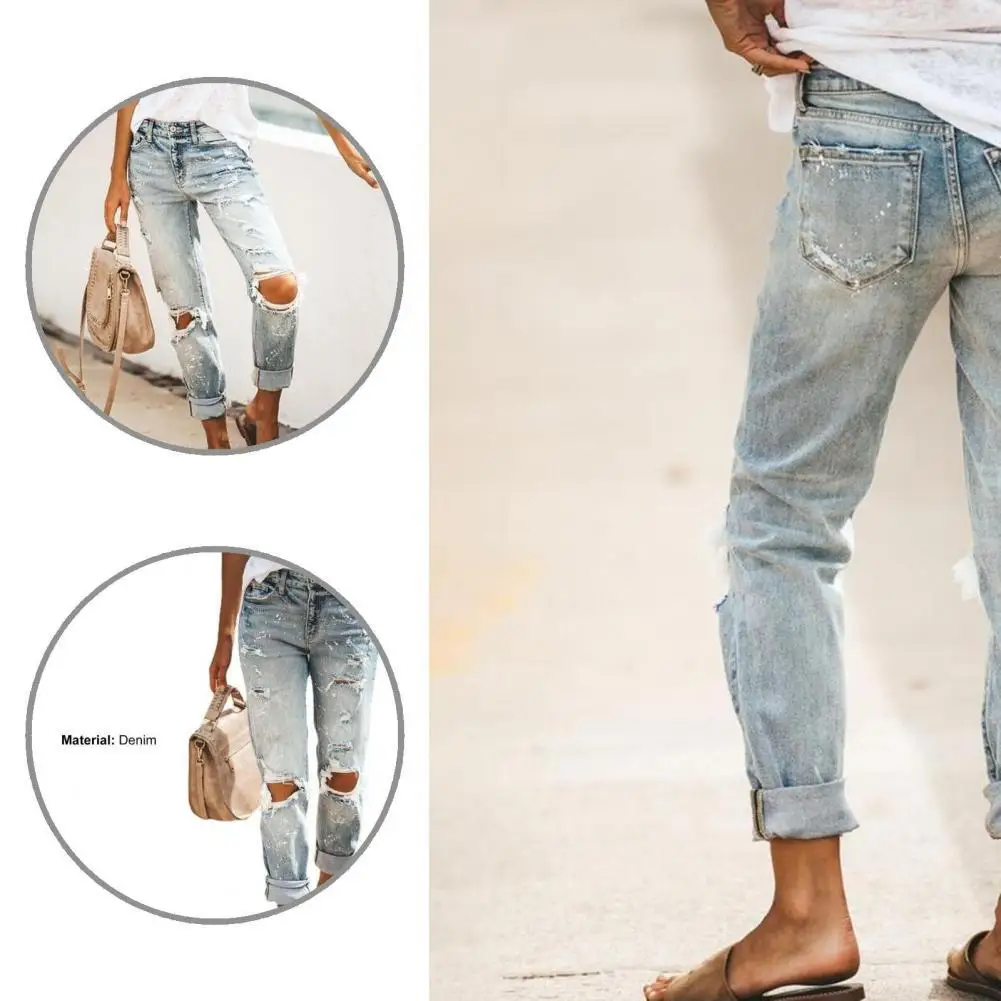 

Simple Vintage Mid Waist Long Slim Jeans Shrink Resistant Women Jeans Ripped Holes for Daily Wear