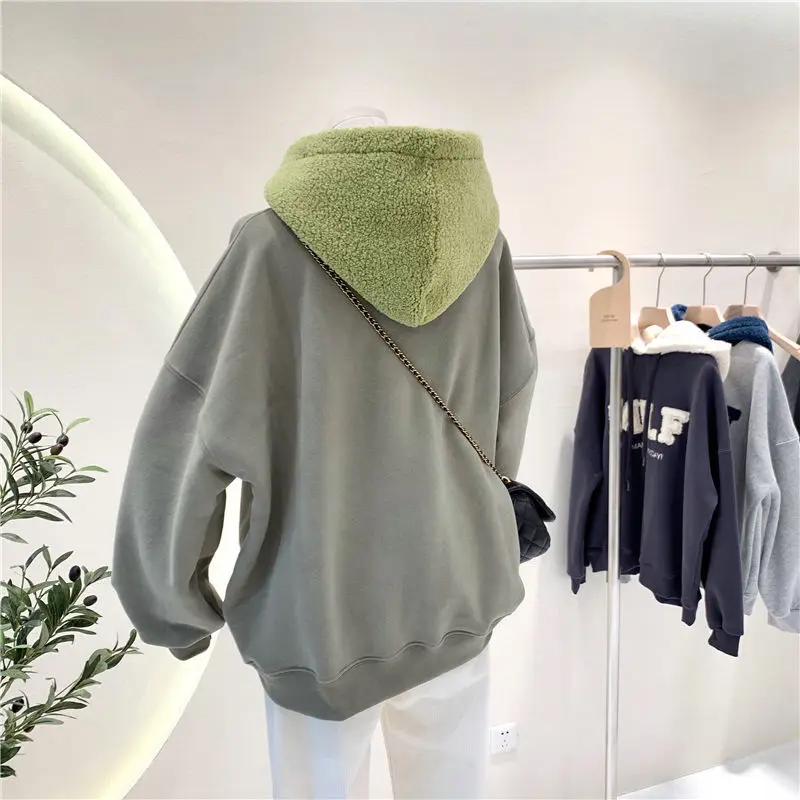 

Women hoodie Large women lamb hair hat sweater women Korean version Plush thickened loose student versatile coat winter coat