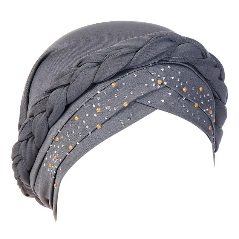 

Women Muslim Twisted Braid Turban Cap Hot Drill Rhinestone Chemo Head Wrap Solid Islamic Hijab Hair Loss Beanie Hat