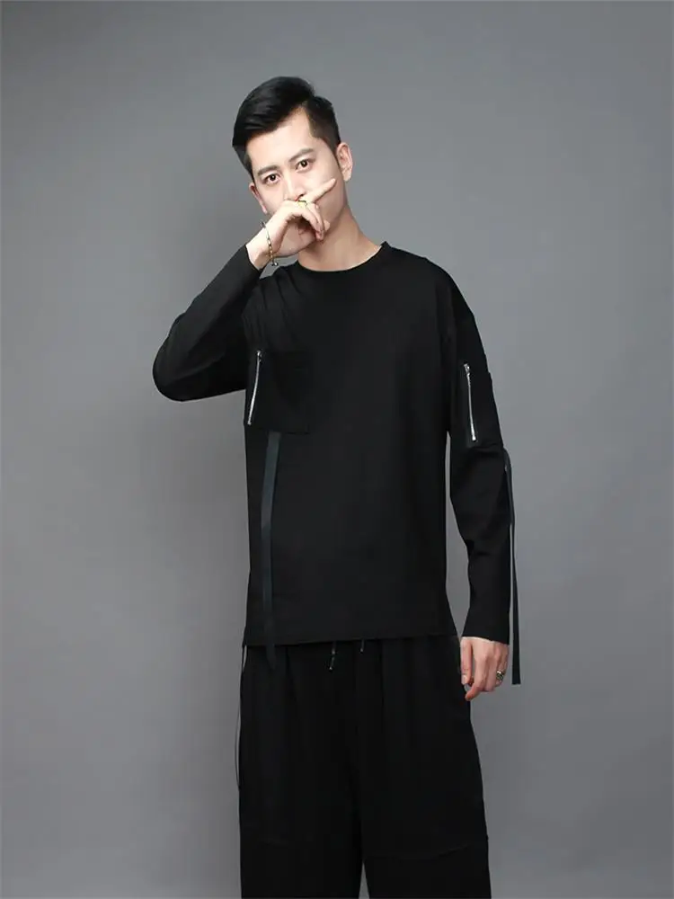 

Men's Long Sleeve T-Shirt Spring And Autumn New Dark Round Collar Personality Zipper Pocket Stitching Design Fashion T-Shirt
