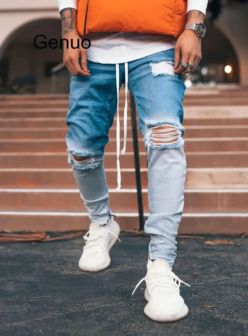 Брюки мужские джинсовые маленькие штаны молния дырки рваные черные весна